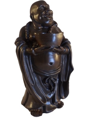 Dikbuik Boeddha met offer kom hout effect