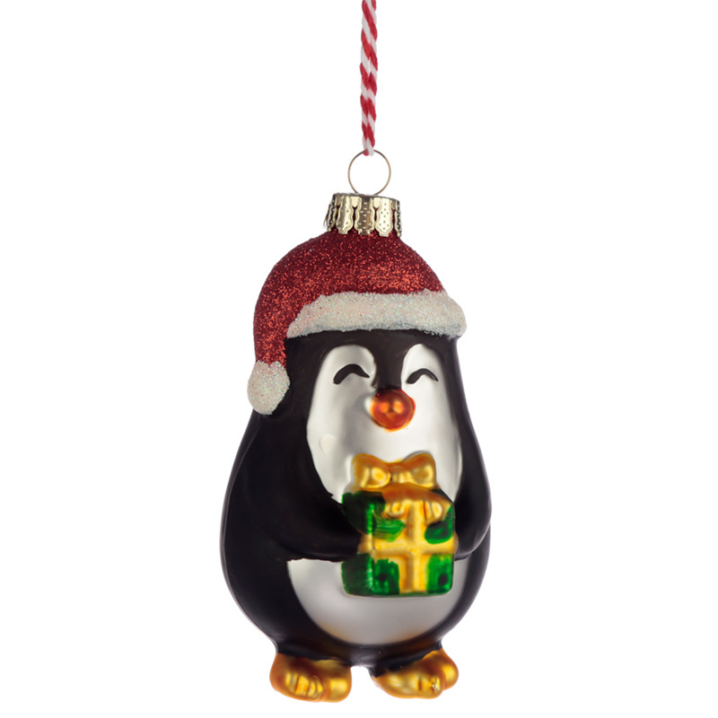 Pinguïn met Cadeau Glazen Kerstbal
