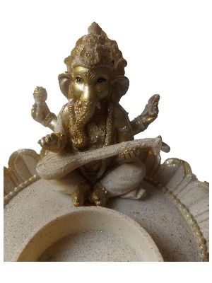 Theelichthouder Ganesha op lotus gemaakt van poly beige, goud