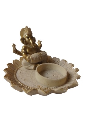 Theelichthouder Ganesha op lotus gemaakt van poly beige, goud