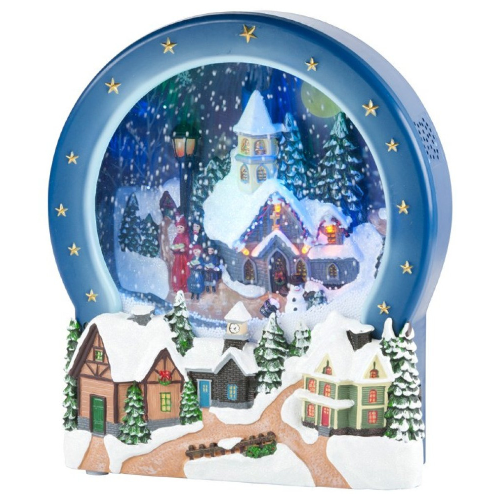 Kersttafereel met sneeuw en verlichting