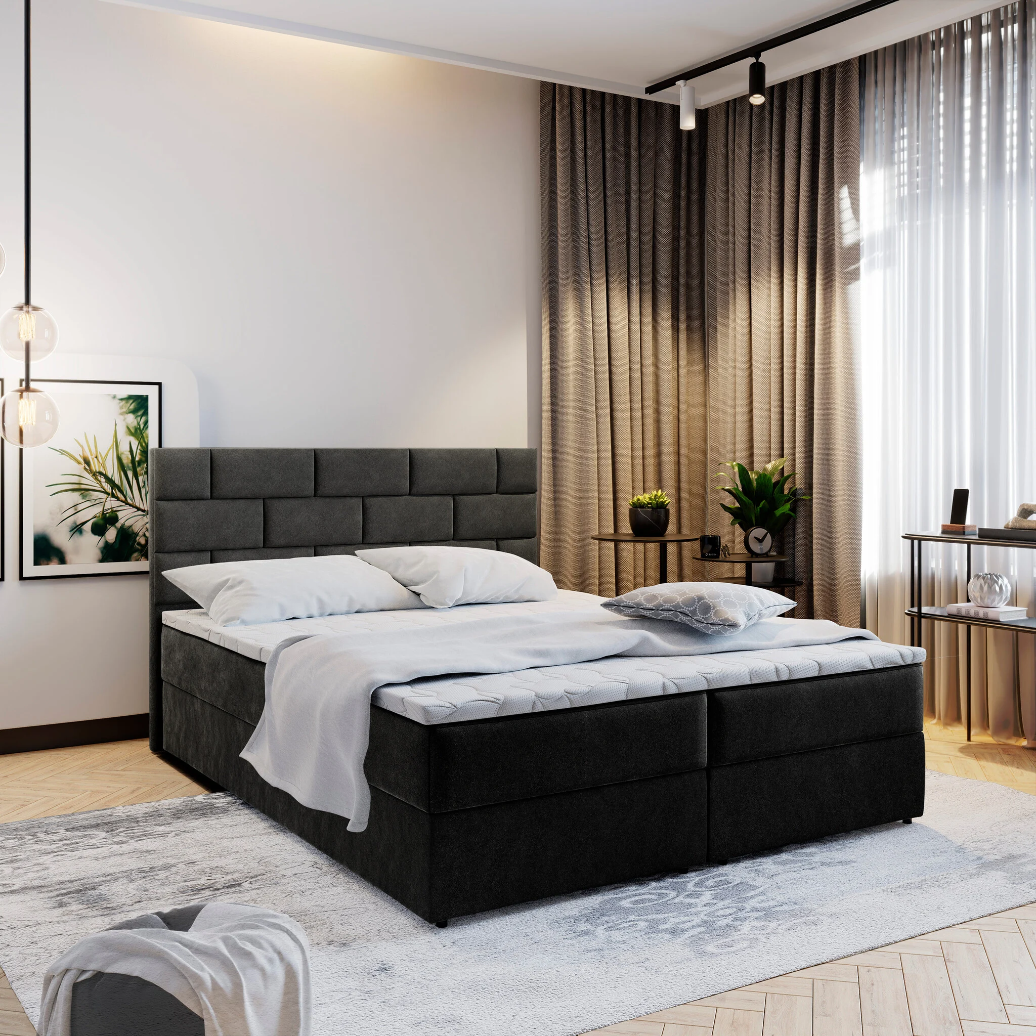 Boxspring Stone met opbergruimte - Hoofdbord met stone-look - Velvet