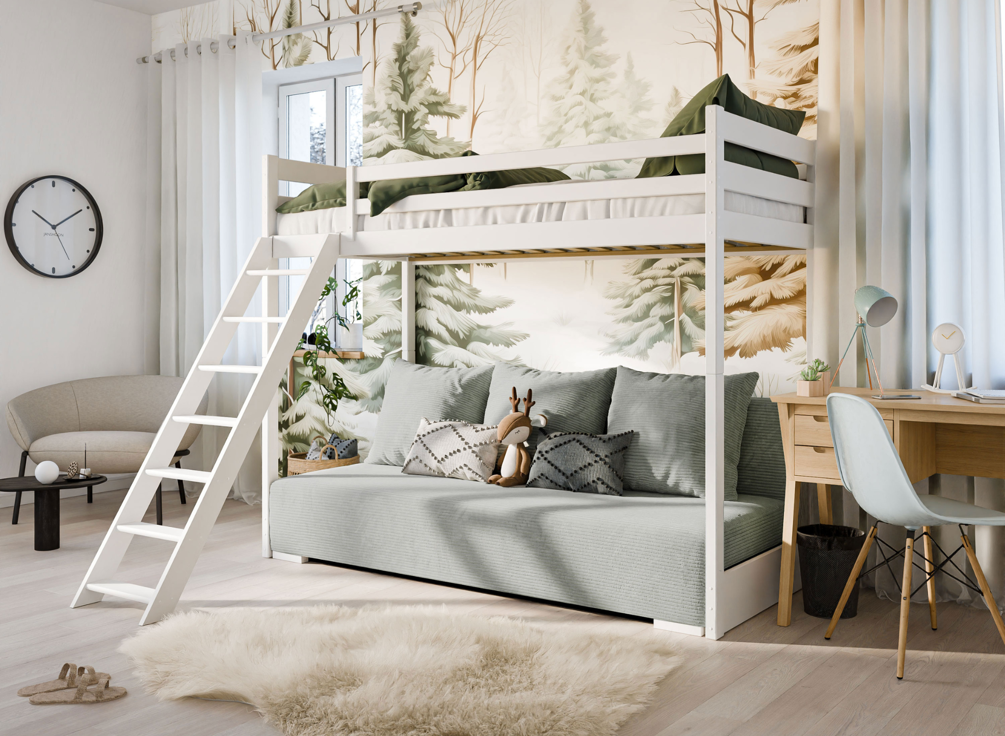 Hoogslaper met Slaapbank Soof - Wit / Ribstof Grijs
