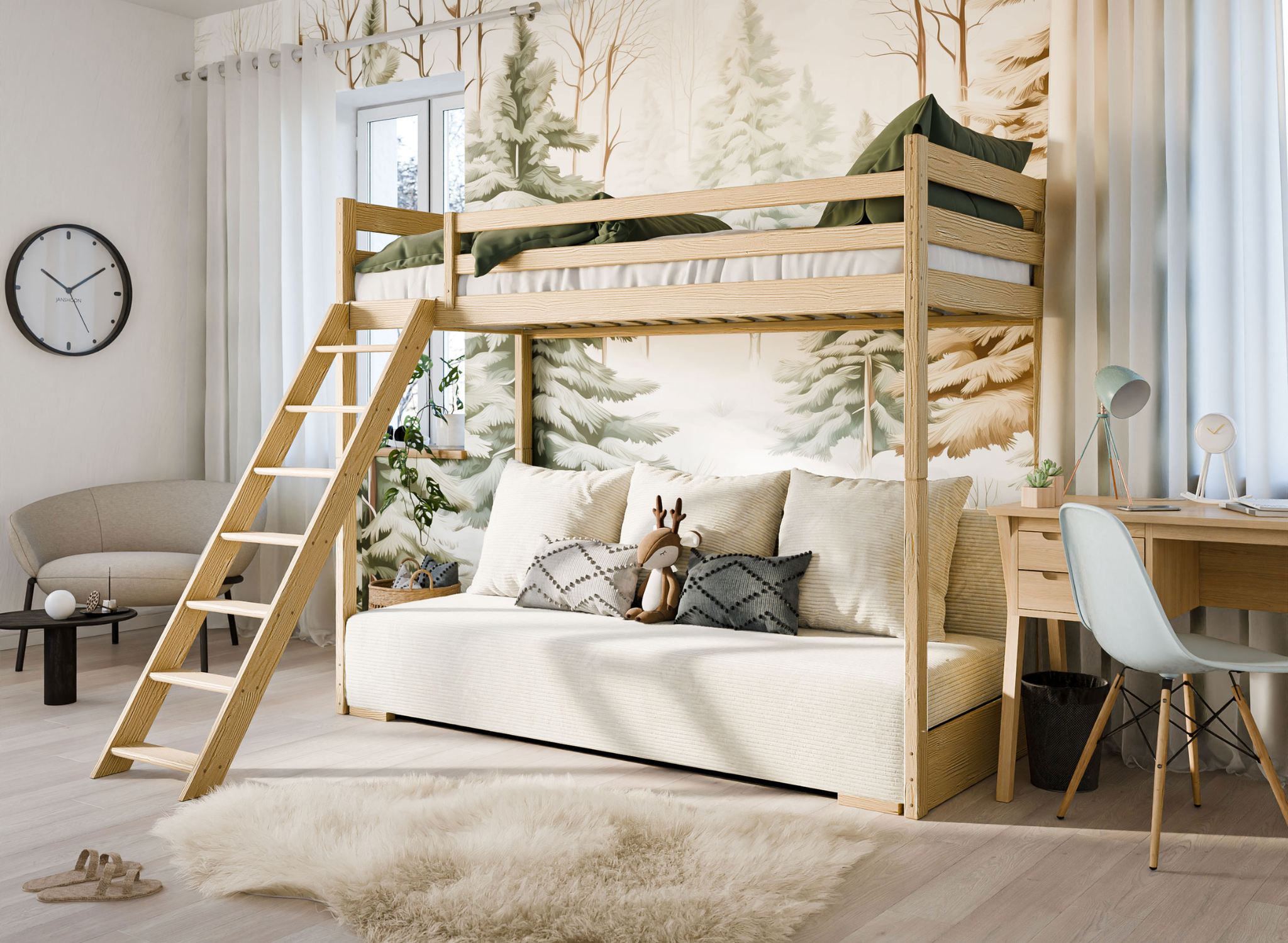 Hoogslaper met Slaapbank Soof - Naturel / Ribstof Creme