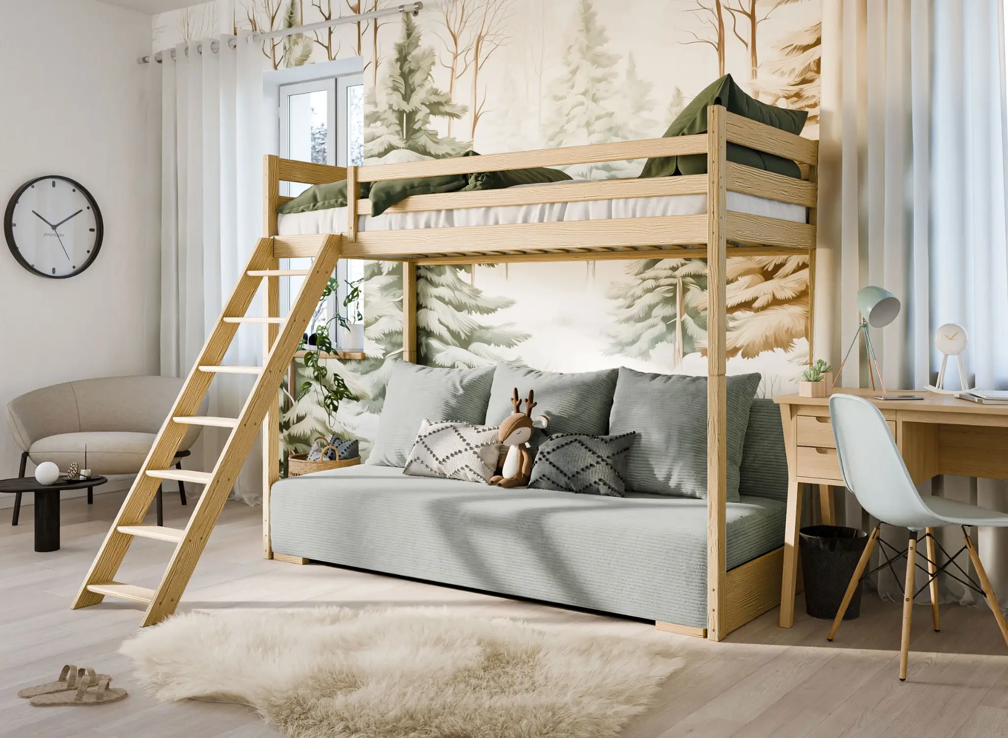 Hoogslaper met Slaapbank Soof - Naturel / Ribstof Grijs