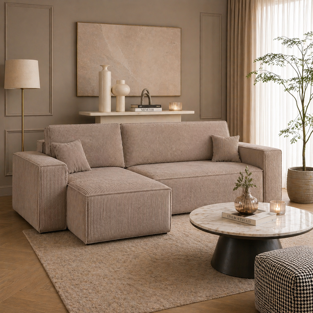 Hoekbank Kenzo | Ribstof Beige | Slaapbank met Opbergruimte