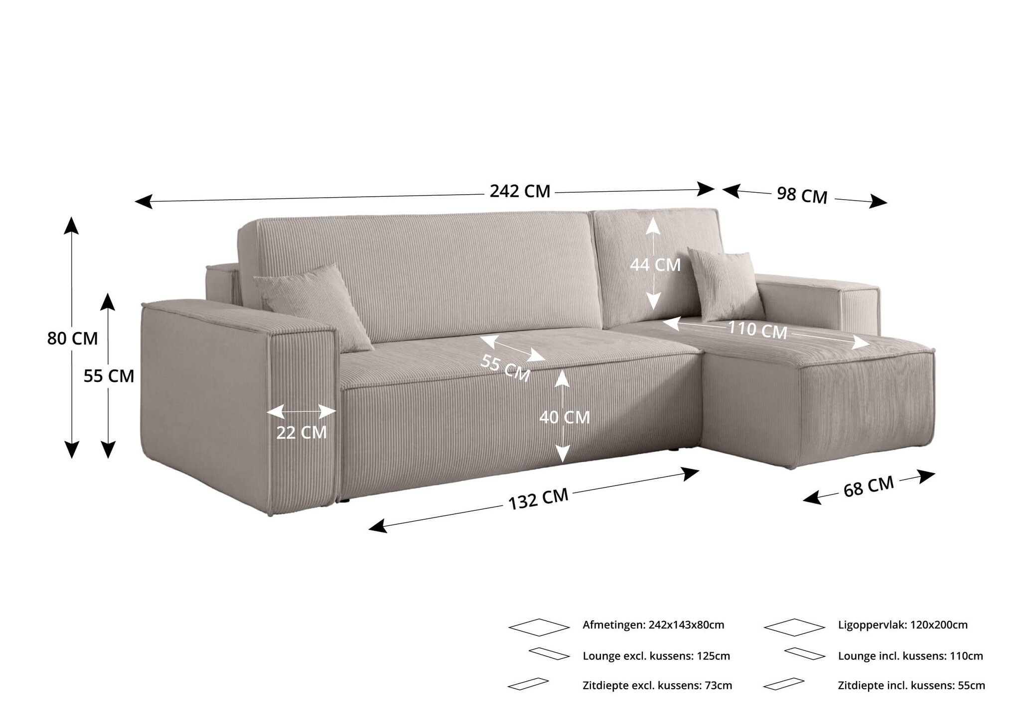 Hoekbank Kenzo | Ribstof Taupe | Slaapbank met Opbergruimte