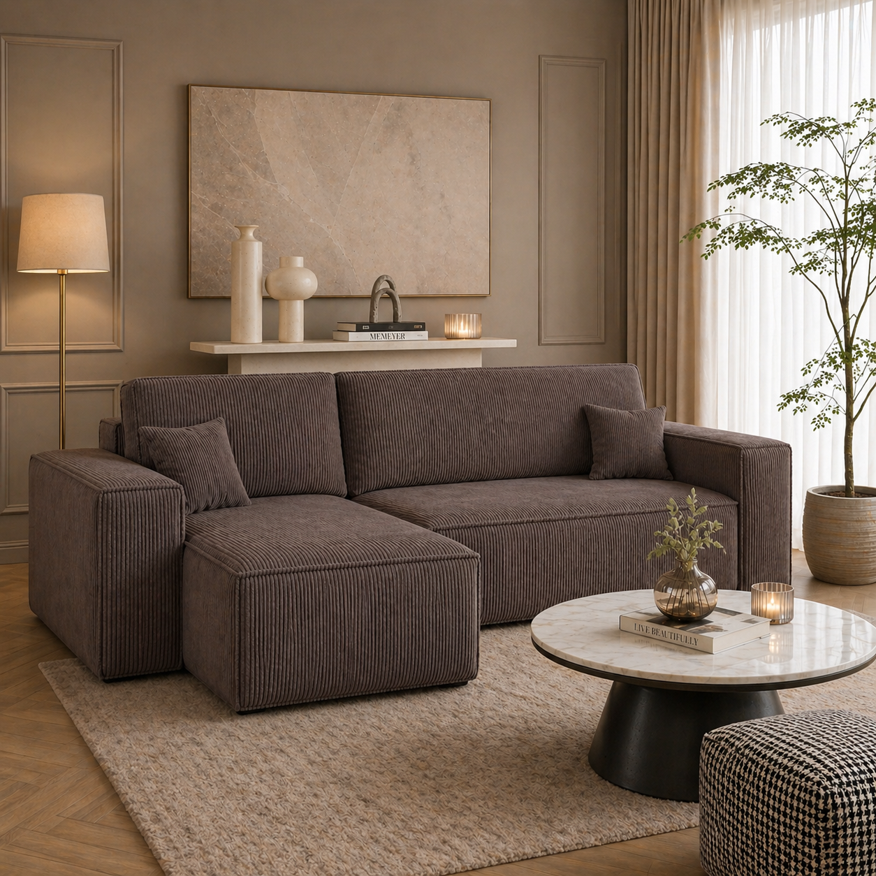 Hoekbank Kenzo | Ribstof Taupe | Slaapbank met Opbergruimte