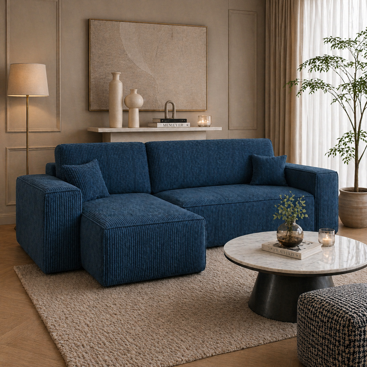 Hoekbank Kenzo | Ribstof Blauw | Slaapbank met Opbergruimte