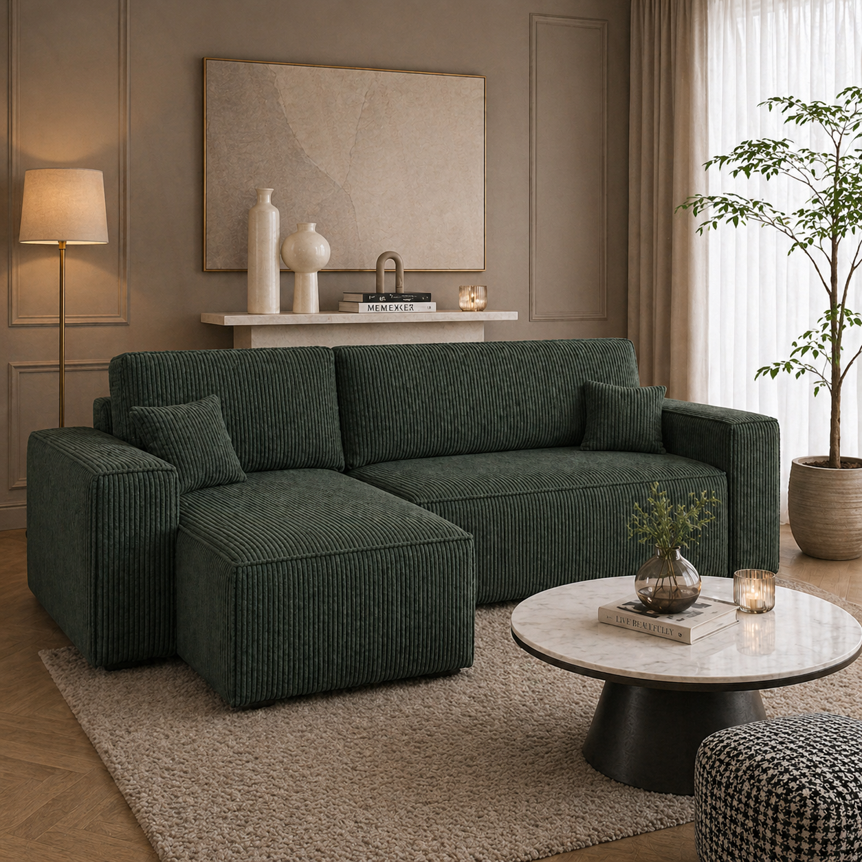 Hoekbank Kenzo | Ribstof Groen | Slaapbank met Opbergruimte