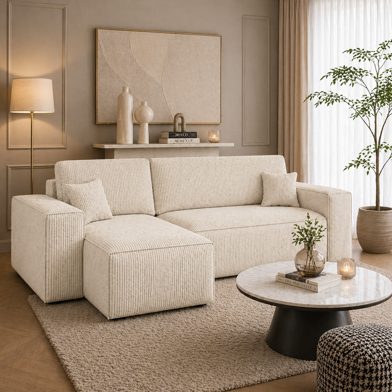 Hoekbank Kenzo | Ribstof Creme | Slaapbank met Opbergruimte