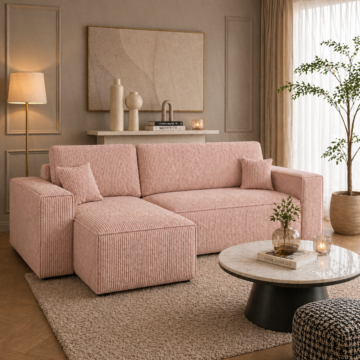 Hoekbank Kenzo | Ribstof Roze | Slaapbank met Opbergruimte