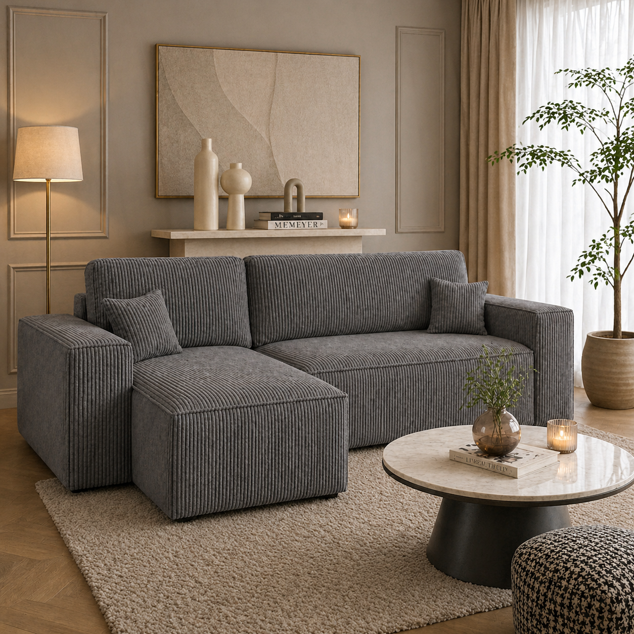 Hoekbank Kenzo | Ribstof Antraciet | Slaapbank met Opbergruimte