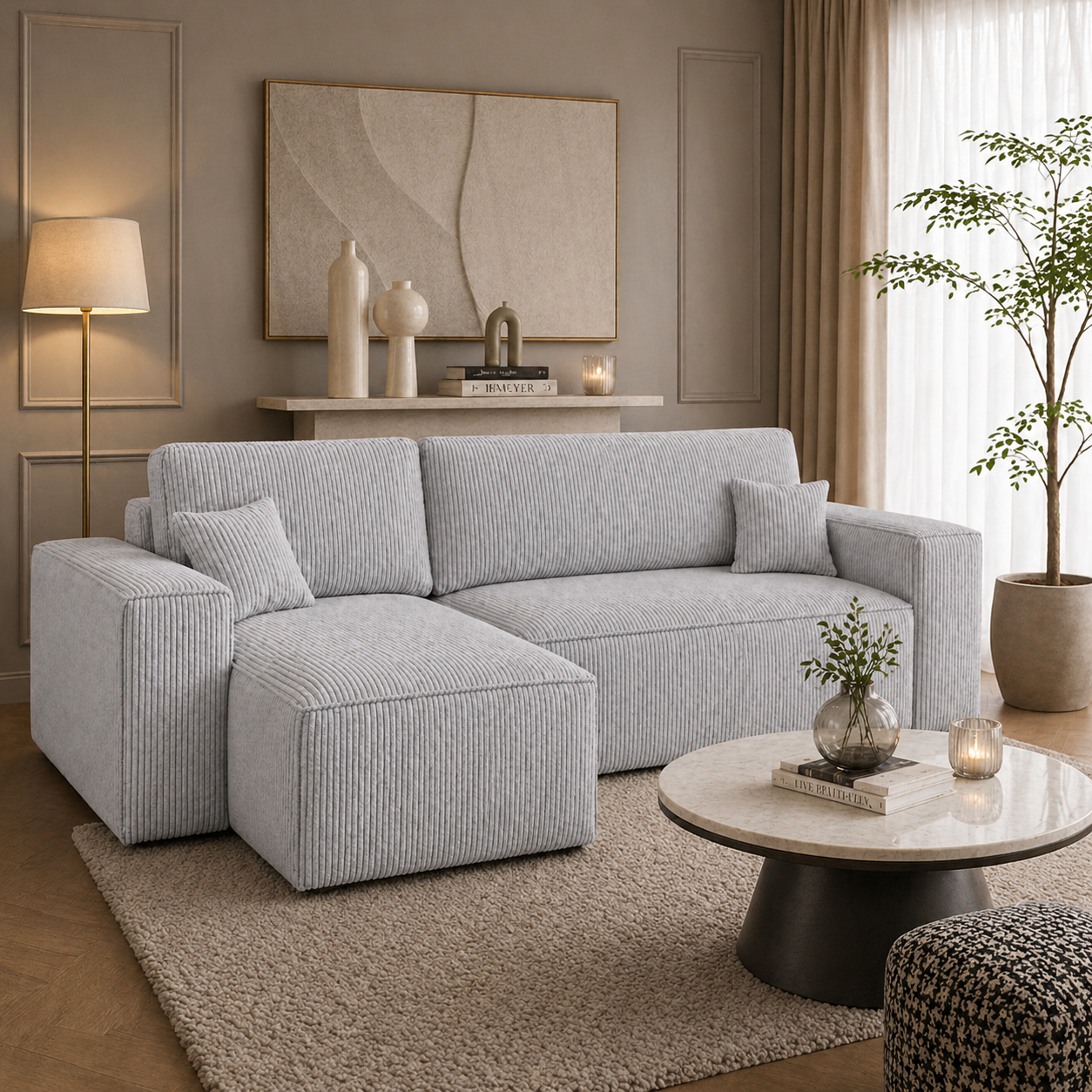 Hoekbank Kenzo | Ribstof Grijs | Slaapbank met Opbergruimte