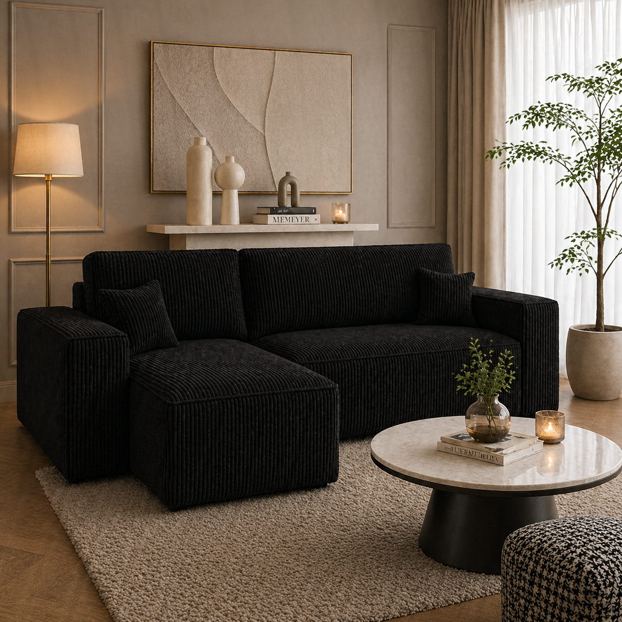 Hoekbank Kenzo | Ribstof Zwart | Slaapbank met Opbergruimte