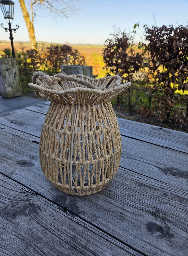 Windlicht van Touw met Glas – Naturel