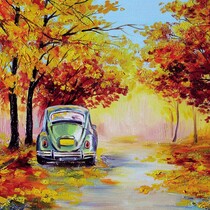 Auto in hersftbos Blanco Kunstkaart