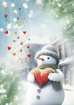 Kerstkaart sneeuwpop hartjes