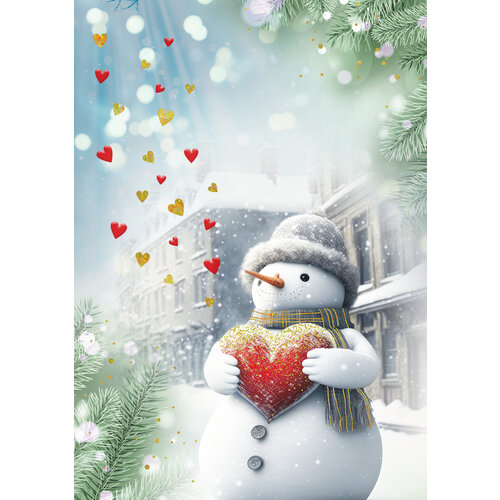 Kerstkaart sneeuwpop hartjes