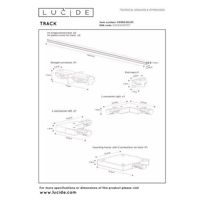 Lucide Track Starterset | 1 fase rail systeem | Wit