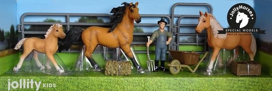 JollyHorses: Quarter Horse Bay + Palomino paard + veulen + hek + boer + accessoires (handgeschilderd)