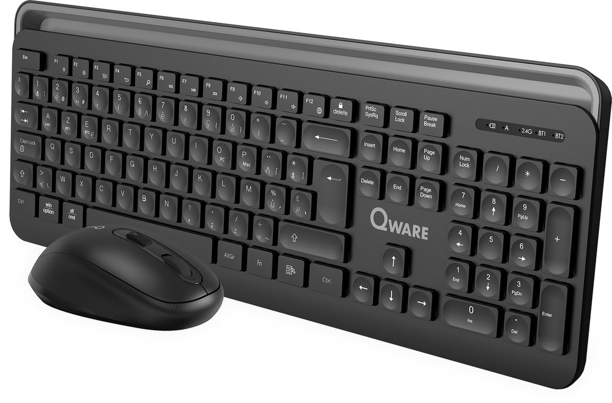 Qware Office - Toetsenbord - Draadloos - Multiconnect - Bluetooth - 2.4 GHz - Dongel - Energiebesparend - Telefoon/Tablet Gleuf - Rotherham - Stille klik - Zwart - Azerty