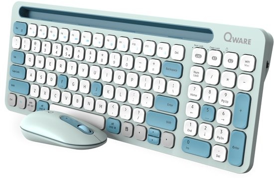 Qware Office - Design - Toetsenbord - Draadloos - Multiconnect - Bluetooth - 2.4 GHz - Dongel - Druppeltoets - Telefoon/Tablet Gleuf - Florence - Stille klik - Groen/Turquoise - Qwerty