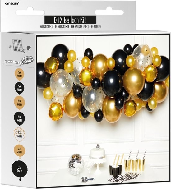 Amscan Ballonslinger Latex 1 Meter Zwart/goud 66-delig