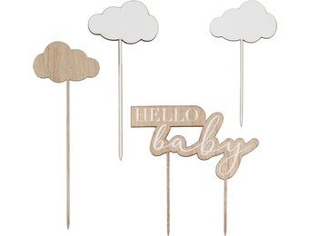 Houten Taart toppers Hello Baby en wolken