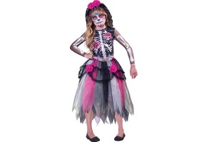 Amscan Verkleedset Day of the death Skelet Meisjes Roze/wit Mt. 116/128 2-delig