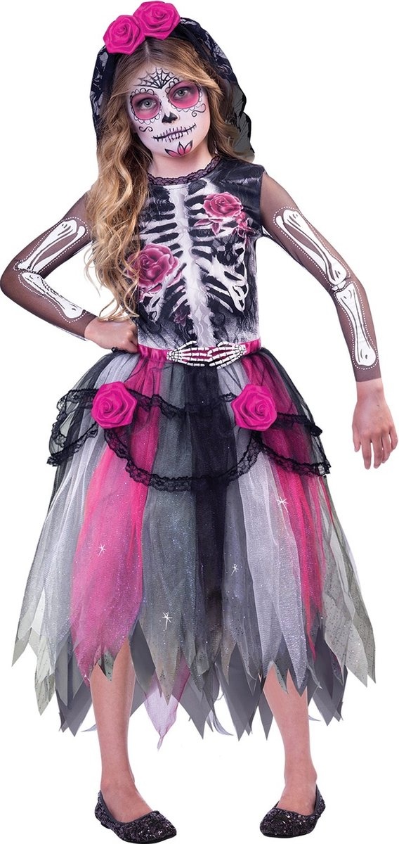 Amscan Verkleedset Day of the death Skelet Meisjes Roze/wit Mt. 116/128 2-delig