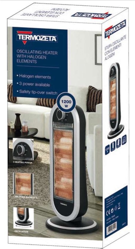 Termozeta - Halogeenkachel - 1200 Watt - Straalkachel - 3 Standen - Warmte - Automatische Draaifunctie - Overhittingsprotectie - Zwart