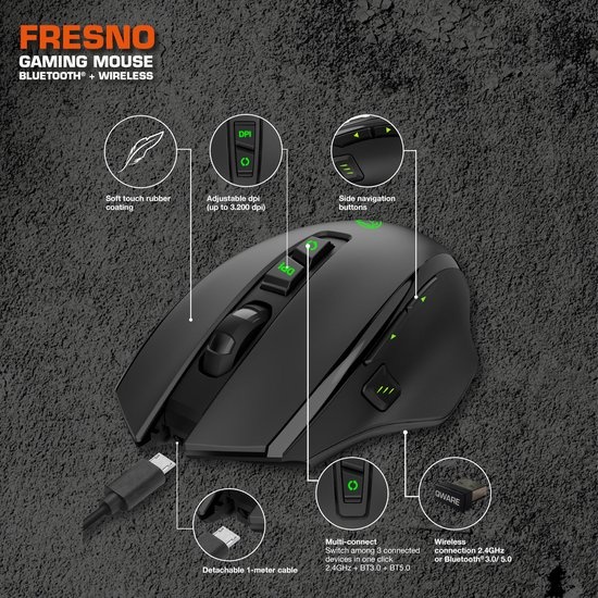 Qware Gaming - Gaming Muis - Fresno - RGB LED - 3200 DPI - Zwart - Accu - Oplaadbaar - Wireless - Multiconnect