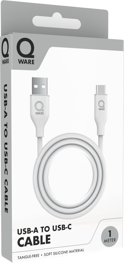 Qware - USB A to USB C - Kabel - Cable - Fast charge - Snel laden - 1 meter - Siliconen - Knoop vrij - Extra flexibel - Wit