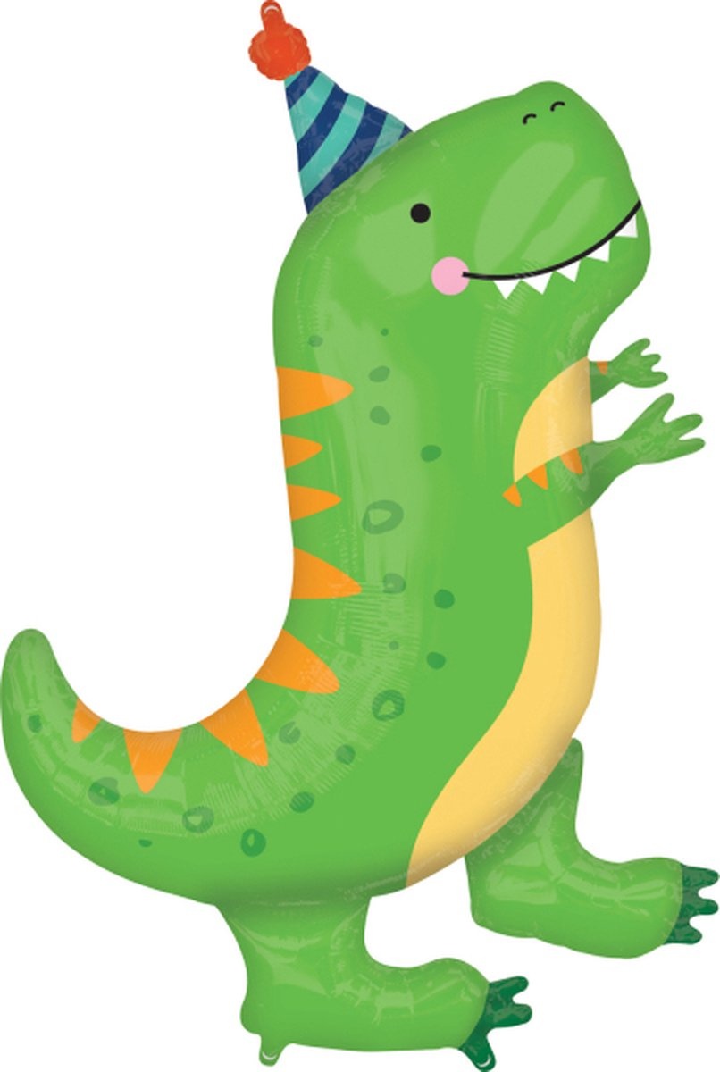Folieballon supershape dino met verjaardagshoedje 86 cm
