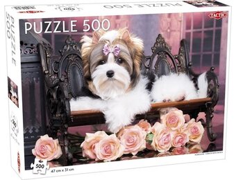 Tactic Yorkshire Terrier with Roses – Puzzel – 500 stukjes – Lief Dierenportret met Bloemen – Strak en Rustgevend Ontwerp – Hoogwaardige Scandinavische Kwaliteit