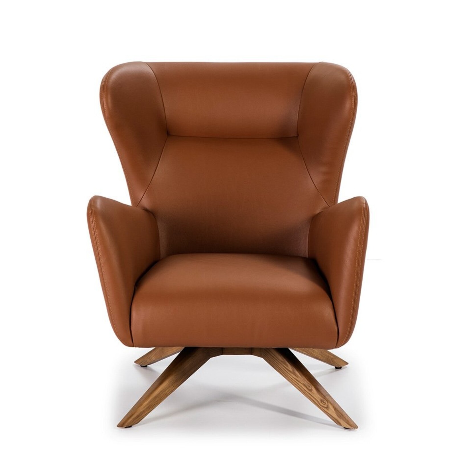 Swivel armchair upholstered in faux leather and walnut legs