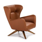 Swivel armchair upholstered in faux leather and walnut legs