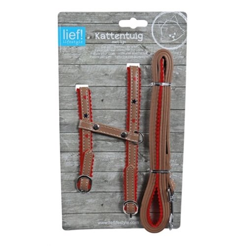 Lief! Lief! kattentuig met looplijn unisex bruin / rood onderlegd Lief! Lief! kattentuig met looplijn unisex bruin / rood onderlegd