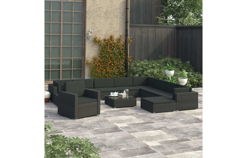 12-delige Loungeset met kussens poly rattan zwart