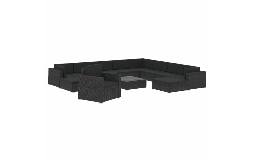 12-delige Loungeset met kussens poly rattan zwart