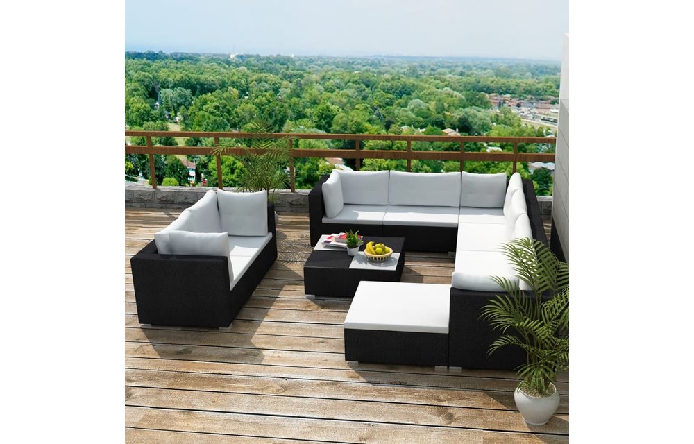 10-delige Loungeset met kussens poly rattan zwart