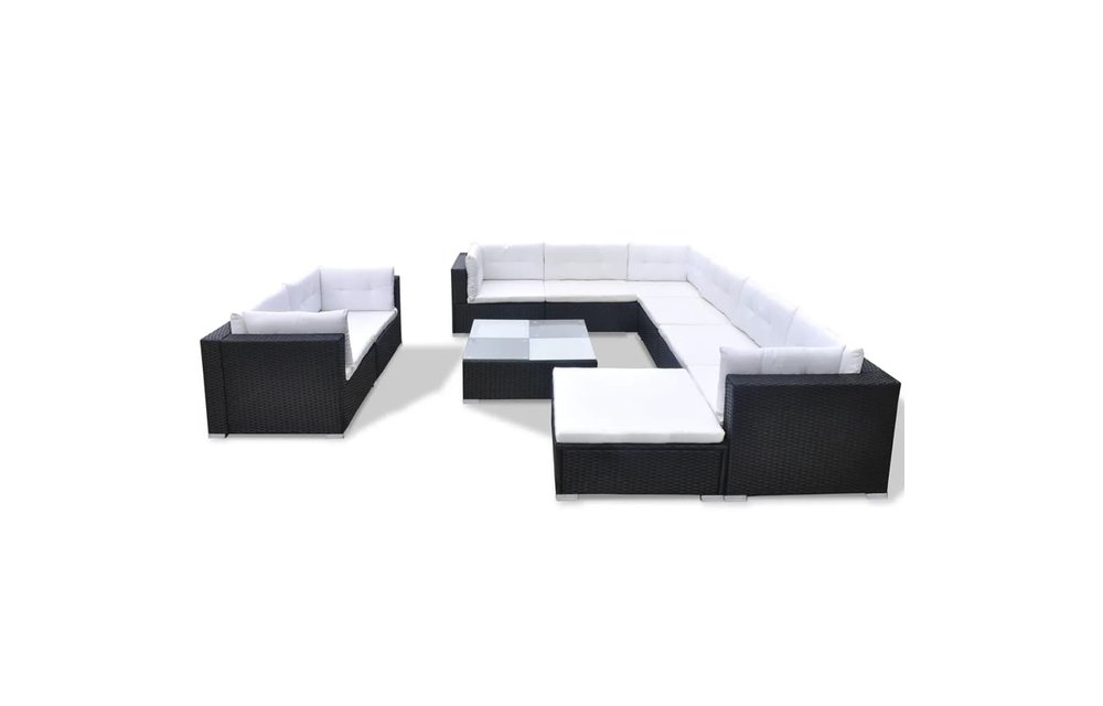 10-delige Loungeset met kussens poly rattan zwart