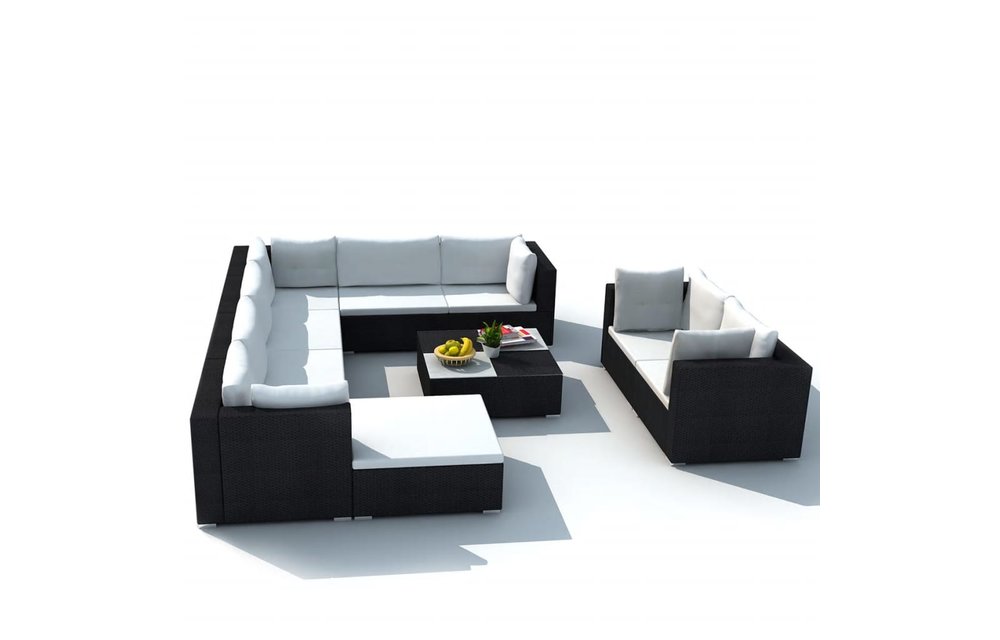 10-delige Loungeset met kussens poly rattan zwart