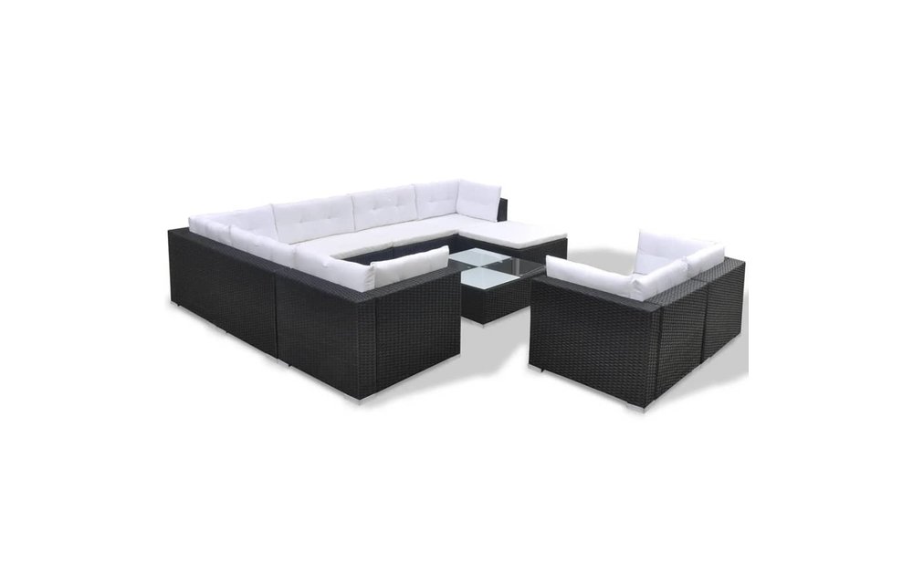10-delige Loungeset met kussens poly rattan zwart