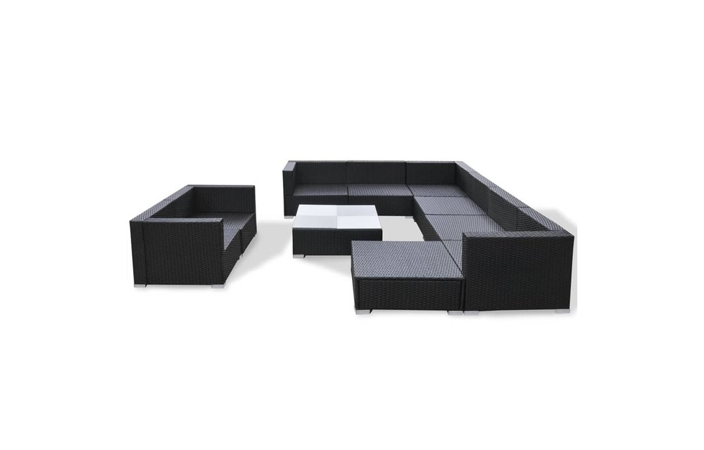 10-delige Loungeset met kussens poly rattan zwart