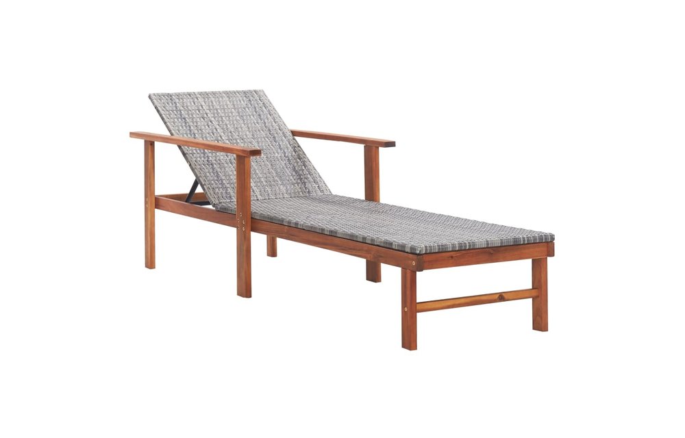 Ligbed met kussen poly rattan en massief acaciahout grijs
