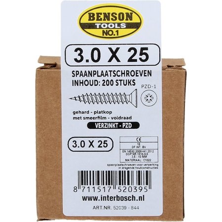 Benson Benson Tools Spaanplaatschroeven 200 Stuks Verzinkt – 3.0x25mm | Spaanplaat Schroeven voor Verwerking in Dragende Houtconstructies