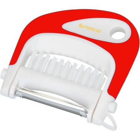 Banzaa Enrico Multi Peeler 3 in 1 Aardappel Tool RVS Rood – 8x9cm | Dunschiller Borstel en Ontpitter in 1 | Schilmesje met Roestvrijstalen Mesjes