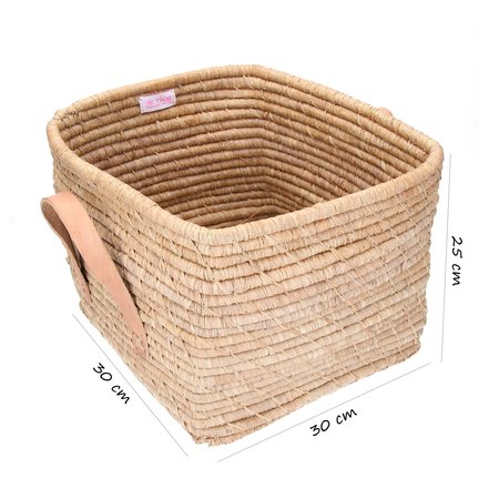 Rice  Raffia Small Square Basket w. Leater Handles L30xB30XH25 - Tea